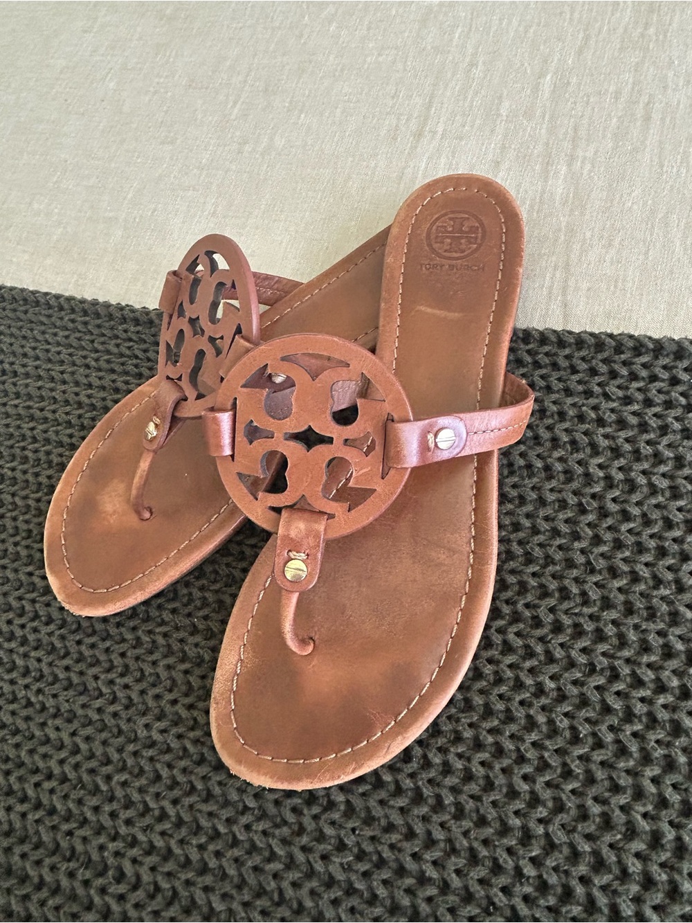 Tory Burch Cognac Miller Leather Thong Sandals